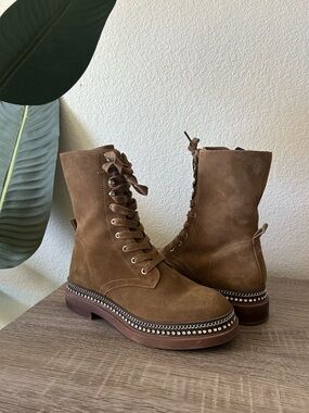 Vince Camuto Branda Studded Suede Lace Up Moto Combat Booties